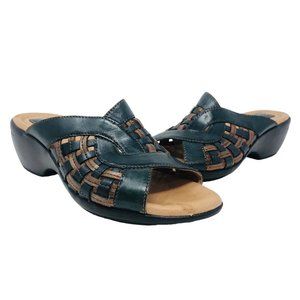 Clarks Sandals Womens 8 N Navy Brown Wedge Woven Leather Artisan Slip On Comfort